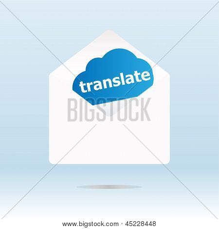 Übersetzen Sie Wort auf blauer Wolke am geöffneten Umschlag