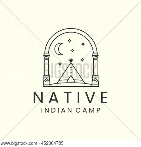 Indian Camp With Badge And Line Art Style Logo Icon Template Design. Teepees, Native, America, Moon,
