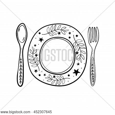 Fork, Spoon And Plate With Floral Ornament, Boho Icon For Menu, Food Concept, Highlight Icon. Colore