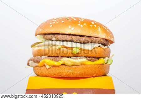 Pruszcz Gdanski, Poland - March 31, 2022: Mcdonald's Big Mac Sandwich On The Container. Big Mac Cont