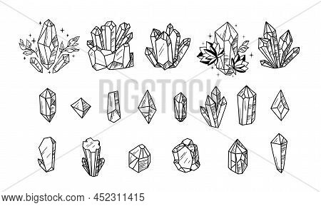 Mystical Crystals Or Diamonds Isolated Cliparts Bundle, Floral Magic Hand Drawn Crystals, Line Gem S