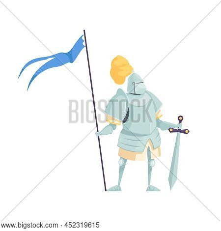 Fairy Tale Character Icon With Knight Wearing Armor With Sword And Flag Flat Vector Illustration