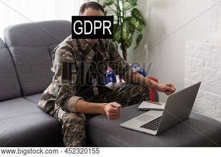 Gdpr - General Data Protection Regulations Military Concept. Soldier Offers A Padlock With Gdpr Word