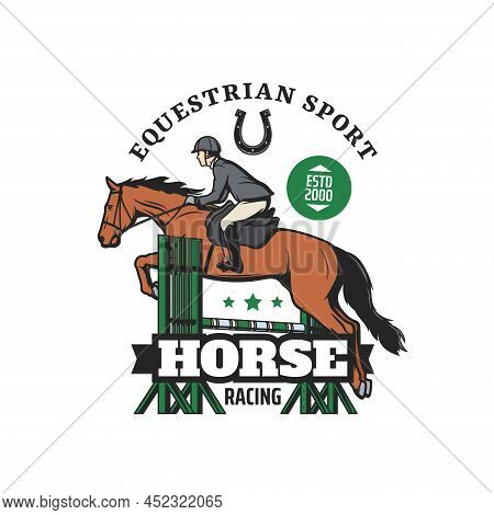 Equestrian Sport And Horse Racing Vector Icon. Horse And Jockey Jumping Over Barrier With Horseback 