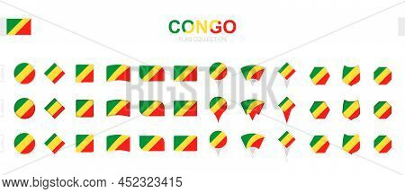 Large Collection Of Congo Flags Of Various Shapes And Effects. Big Set Of Vector Flag.