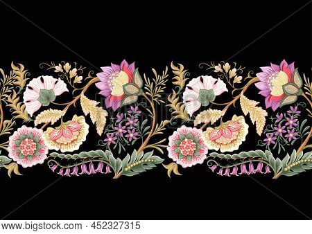 Fantasy Flowers In Retro, Vintage, Jacobean Embroidery Style. Border Line Seamless Pattern On Black 