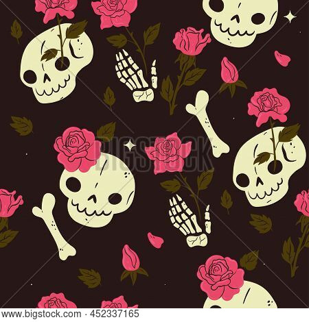 Seamless Pattern With Bones And Roses. Vector Image.