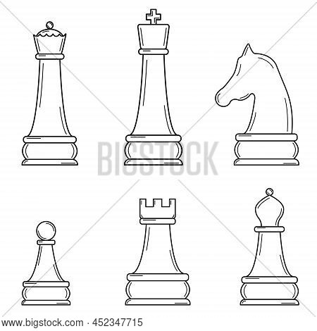 Hand Drawn Set Of Chess Pieces. Strategy Game That Develops Intelligence. Doodle Styie. Vector.