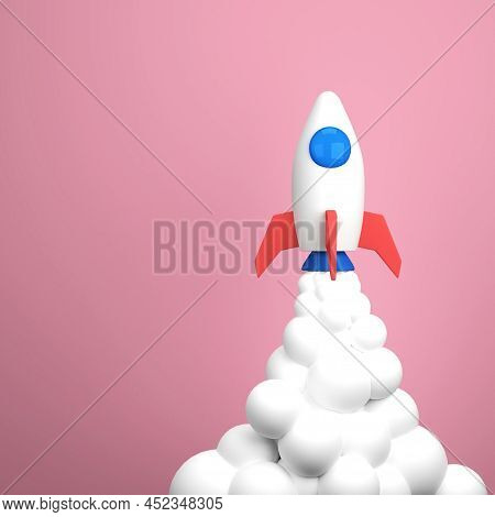 Spaceship 3d Render On Pink Background. Rocket Upswing On Space Minimal Style. Business Concept.