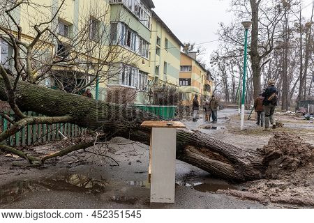 Bucha, Ukraine - Apr. 03, 2022: Chaos And Devastation On The Streets Of Bucha After The Exit Of The 