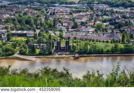 Remagen, Germany - July 31, 2021: Aerial View Of The Ruins Of The Bridge Of Remagen On The Remagen S