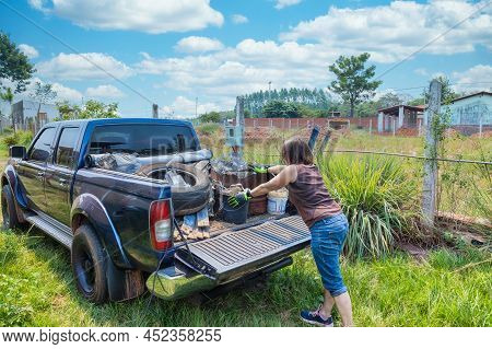 A Woman Loads Garbage Onto A Pickup Truck In Paraguay.