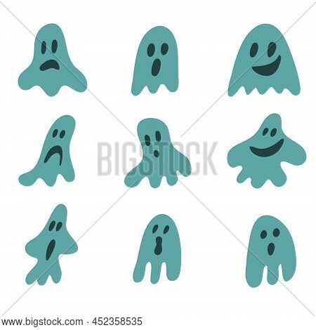 Set Of Cute Cartoon Ghosts, Blue Ghost With Eyes And Mouth Hand Drawn, Ghosts For Halloween Design