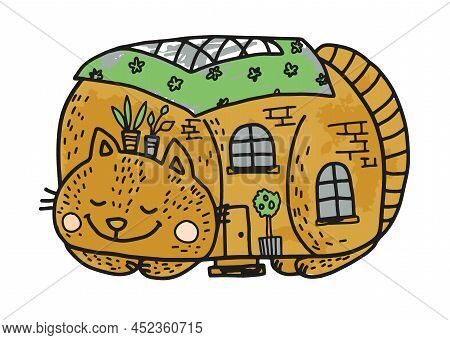 A Drawing Of A Funny Cat In The Form Of A House, A Hand-drawn Color Illustration, A Drawing Of A Cat