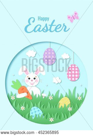 Easter Card Paper Cut Out Concept. Easter Egg Hunt. White Rabbit With A Carrot On A Green Lawn. Brig