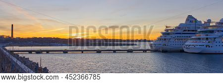 Tallinn, Estonia -march 05, 2022: Aida Cruise Ship At Sunset Time In Harbour. Aida Luxury Liner At W