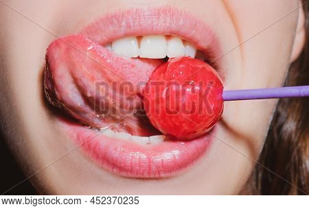 Close Up Lips With Lollipop Isolated, Sexy Blowjob, Sensual Mouth With Lipstick Eats Sweets. Sexy De