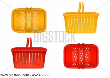 Shopping Baskets, Empty Supermarket Plastic Carts With Handles. Isolated Customers Equipment For Pur