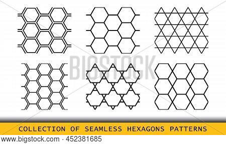 Hexagon Set Of Geometric Seamless Patterns. Abstract Honeycomb Geometric Graphic Lines Design