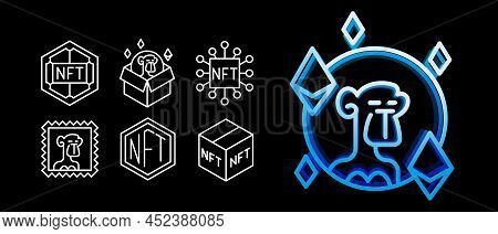 Nft Gallery Line Icon Set. Bright Neon Icons Of Non Fungible Token. Apes Nft Pictogram Collection.