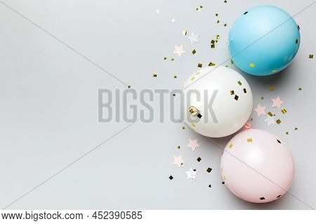 Background With Fastive Air Balloons Of Round Shape And Confetti, Multicoloured Top View. Birthday P