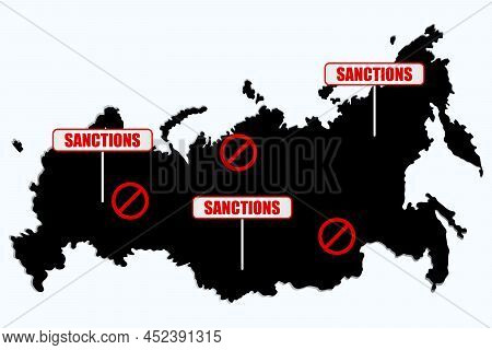 Sanctions Against Russian Federation. Russian Map With Restriction Sign. Embargo And Economucal Crys