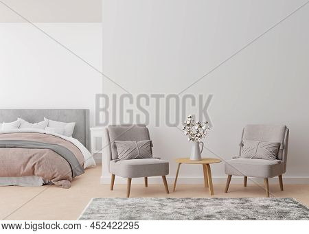Empty White Wall In Modern And Cozy Bedroom. Mock Up Interior In Minimalist, Contemporary Style. Fre