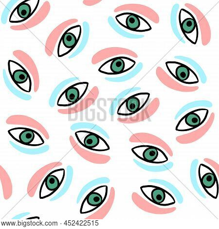 Seamless Pattern With Eyes On White Background. Flar Vector Illustration. Texture For Print, Fabric,