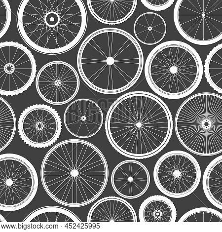 Seamless Pattern With Bicycle Wheels. Bike Rubber Tyre Silhouettes. Fitness Cycle, Road And Mountain