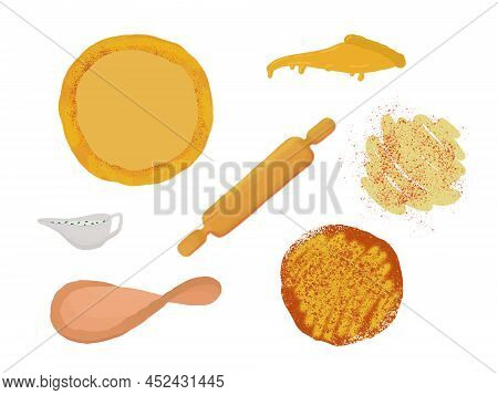 Ingredients Design And Tools For An Italian Pizza Making. Set For A Restaurant With Cooking Elements