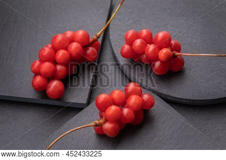 Berry Of The Five Flavors, Or Schisandra Chinesis Closeup, On Black Background, Nature , Health Eati