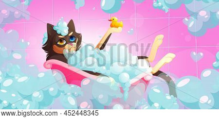 Cat Wash In Bathtub In Pet Grooming Salon. Vector Cartoon Illustration Of Kitten With Heterochromia 