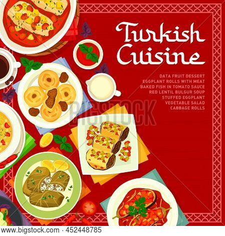 Turkish Cuisine Menu Cover Template Vector Vegetable Salad, Red Lentil Bulgur Soup And Data Fruit De