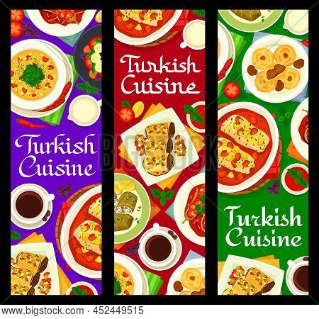 Turkish Cuisine Menu Meals Banners Vector Red Lentil Bulgur Soup, Cabbage Rolls And Vegetable Salad 