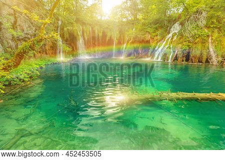 Rainbow On The And Jetty Of Galovacki Buk Waterfall Of Plitvice Lakes National Park In Croatia In Th