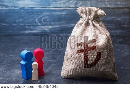 Family Figurines And Turkish Lira Money Bag. Social Assistance And Support. Income Level, Budget. Hi