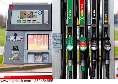 Riga, Latvia, January 2, 2021: Circle K Gas Station With Fuel, Oil, Gasoline And Diesel, Close-up Of