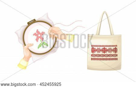 Embroidery Equipment And Sewing Accessories Set. Embroidery Frame Hoop And Textile Bag Vector Illust