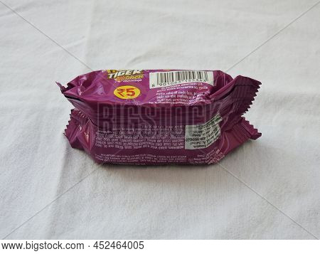 Closeup Of Britannia Tiger Krunch Chocochip Biscuits Pack Isolated On White Background.