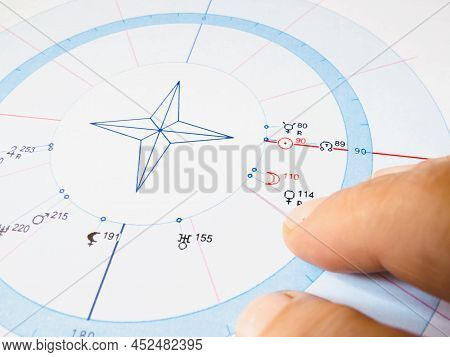 The Workplace Of An Astrologer. An Astrological Chart With A Multi-colored Zodiacal Circle, Planets 