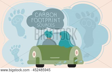 This Is A Vector Design Hand Drawn Carbon Footprint Concept With Couple On Car, Exhaust, Gas Polluti