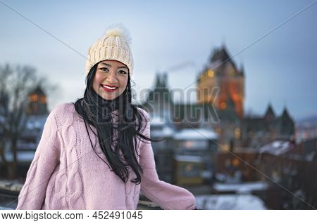 Beautiful Woman Over Night In Quebec Winter