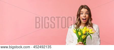 Spring, Happiness And Celebration Concept. Close-up Of Surprised And Wondered Young Blond Girl In Wh