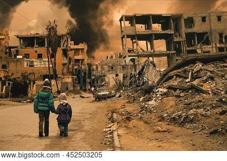 Two Homeless Little Girl Walking In Destroyed City, Soldiers And Helicopters And Tanks Are Still Att