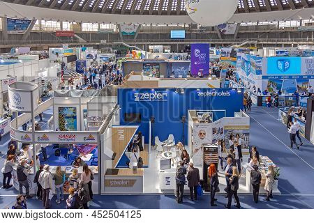 Belgrade, Serbia - March 24, 2022: Travel And Tourism Fair Expo At Large Exhibition Hall Interior.