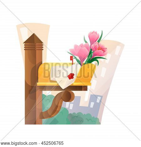 Vector Isolated Illustration With An Open Mailbox And A Bouquet Of Flowers Inside. The Concept Of A 