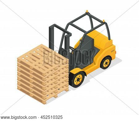 Forklift Truck With Cargo. Machines For Transporting Objects From Car To Warehouse. Vehicle, Loader.