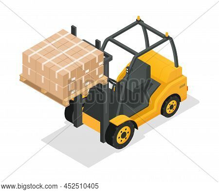 Forklift Truck With Cargo. Loader Lifting Boxes, Warehouse Logistics, Sorting Goods In Store Or Mark