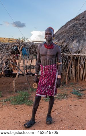 Turmi, Omo River Valley, Ethiopia - May 10, 2019: Portrait Of A Hamar Man In Hamar Village. Hamars A