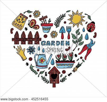 Vector Gardening Doodle Set. Cartoon Hand Drawn Isolated Design Horticulture Elements. Spring Set Fo